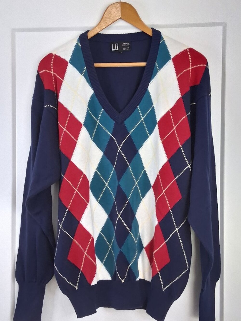 Dunhill Mens Argyle V Neck Sweater Size 40 Made in Scotland 100% Cotton Navy